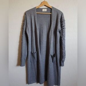 Ember Gray Open Front Cardigan Sweater With Beaded Sleeve. Size M.
